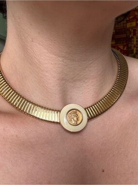 Vintage Monet Gold-Tone Statement Collar Necklace with Cream Medallion